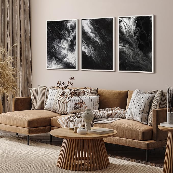 SIGNFORD Framed Wall Art Print Set Black and White Marble Abstract Modern Fluid Digital Art Modern Art Contemporary for Living Room, Bedroom, Office - 16"x24"x3 WHITE