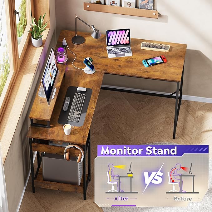 DEVAISE 55 Inch L Shaped Gaming Desk with LED Lights & Power Outlets, Corner Desk for Small Spaces, Sturdy PC Computer Table with Storage for Home Office, Rustic Brown