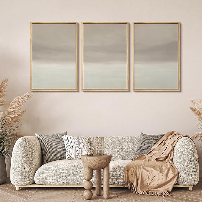 MUDECOR Framed Wall Art Print Set Misty Horizon Minimalist Foggy Mountain Landscape in Soft Neutral Tones Illustrations Realism Decorative for Living Room, Bedroom, Office - 16"x24"x3 Natural
