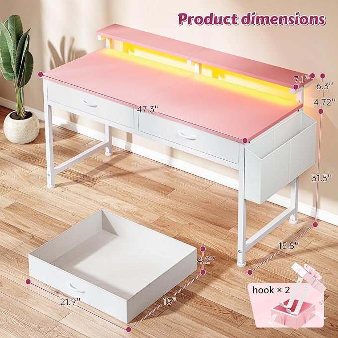 47.3 Inch Office Computer Desk with LED Lights & 2 Fabric Drawers, Gaming Desk with Side Pocket & Ergonomic Monitor Stand, Small Space Study Writing Table with Anti-Tip Design,Pink