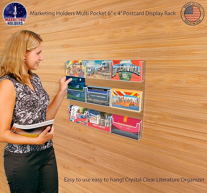 Marketing Holders Post Card Holder Acrylic 9 Pockets Holds 6" Printed Media Hanging Hardware Included Use at Travel Centers Real Estate Offices Hotels Resorts Convention Centers Eye Catching Clear