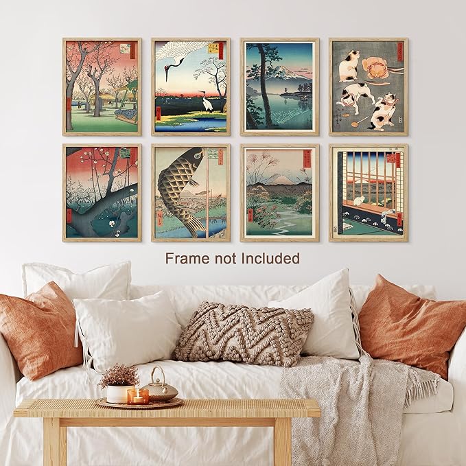 SIGNWIN Poster Wall Art Set of Koinobori The Carp Fish, Plum Park Landscape with 2 Cranes from One Hundred, Plum Blossom in Garden for Living Room, Bedroom, Office - 11"x14"x 8