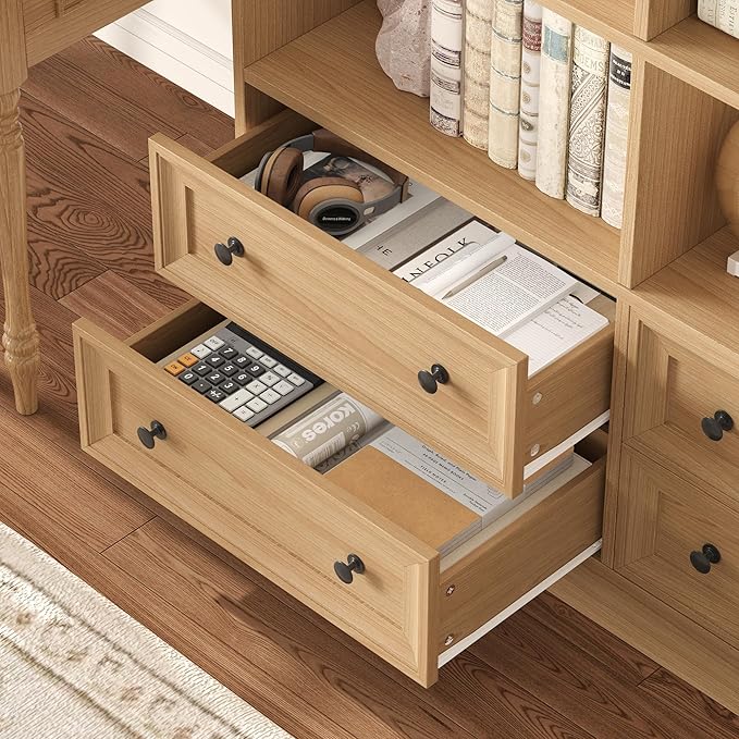 FINETONES 71" Tall Bookshelf with 4 Drawers, 6-Tier Double Wide Bookshelves and Bookcases with Storage, Natural Bookshelf Large Open Bookshelves Standing Book Cabinet for Home Office