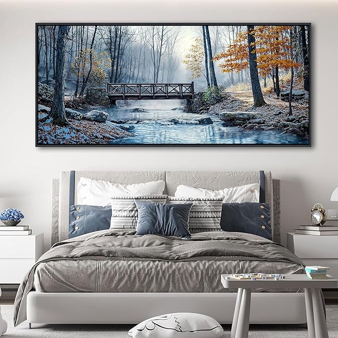 yiijeah Extra Large Living Room Wall Art - Modern Wall Decor for Bedroom Office Decor Mountain Forest Landscapes Village Bridge Painting Framed Canvas Prints 70x31 Inches