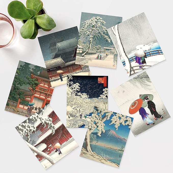 SIGNWIN Poster Wall Art Set of Two Women in The Rain, Two Women in The Snow, Walking by a Temple on a Snowy Day for Living Room, Bedroom, Office - 11"x14"x 8