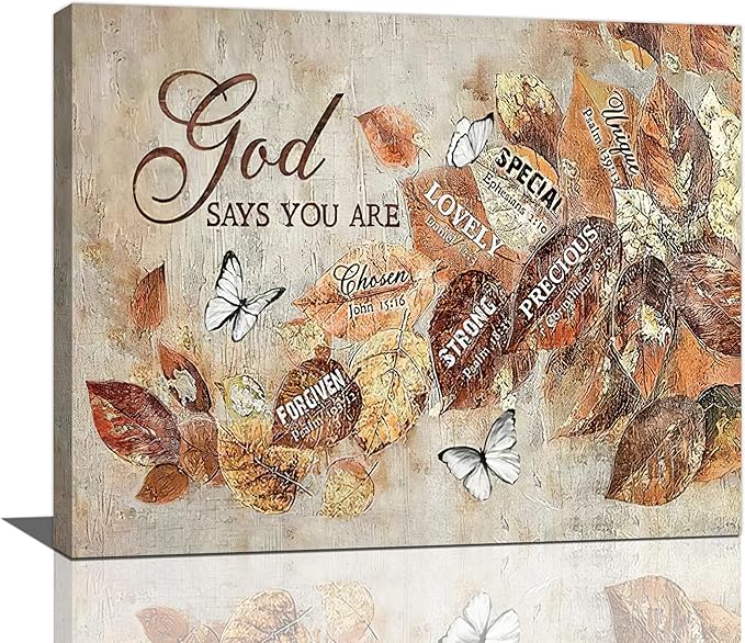 yerretin Fall Christian Leaves Wall Art Autumn Religious Pictures Wall Decor Rustic God Says Canvas Painting Modern Artwork Home Decoration for Living Room Bathroom Bedroom Office Framed 20"x16"