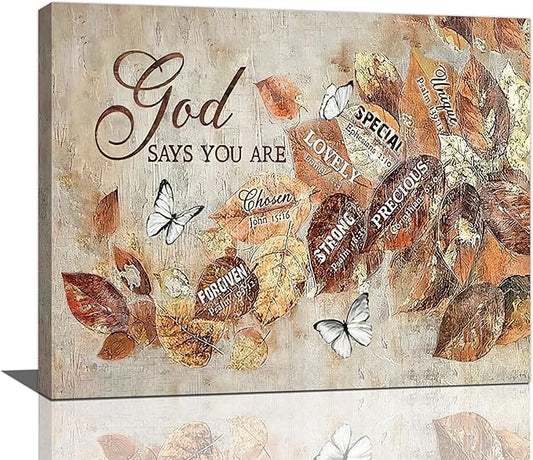yerretin Fall Christian Leaves Wall Art Autumn Religious Pictures Wall Decor Rustic God Says Canvas Painting Modern Artwork Home Decoration for Living Room Bathroom Bedroom Office Framed 20"x16"