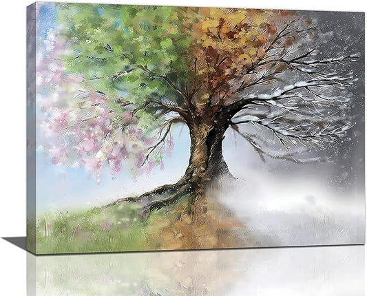 yerretin Tree of Life Wall Art Colorful Country Trees Pictures Wall Decor Rustic Four Season Canvas Painting Modern Artwork Home Decorations for Bathroom Living Room Bedroom Office Framed 16"x12"