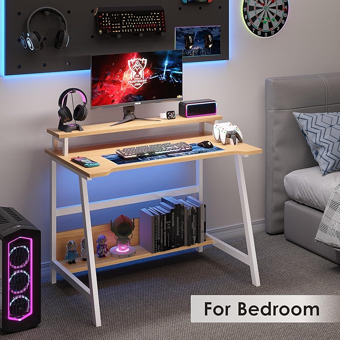 ALISENED 31.5 Inch Small Office Desk with Storage, Small Desk for Small Spaces, Compact Home Office Desk, Mini Study Desk for Bedroom, Warm Oak