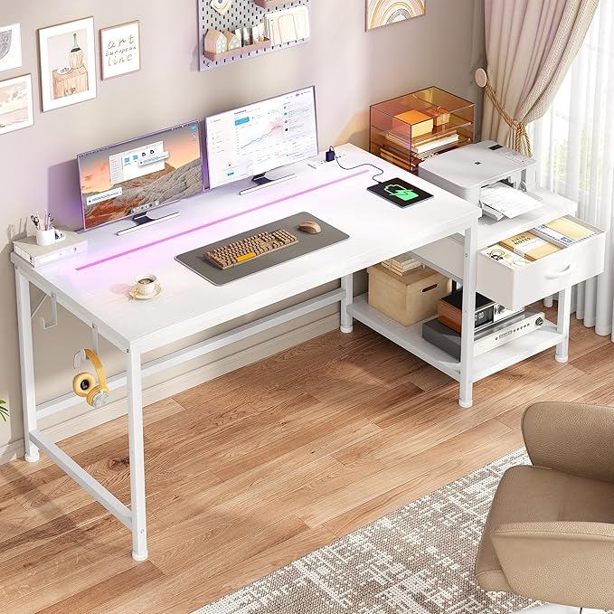 48.1 Inch White Desk with Drawers & Shelf to Storage,Computer Desk with Power Outlet & LED Lights,Reversible Office Desk with Hooks for Headphone,Bags,Small Desk for Bedroom,Dorm,Teens Study Room
