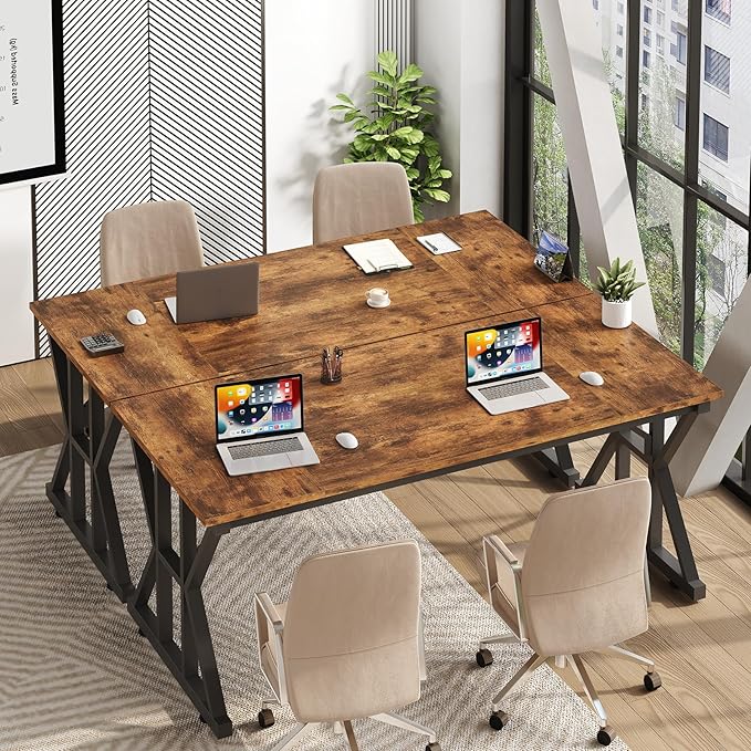 TVU Computer Desk, 55 inch Large Office Desk, Study Writing Table with Thicken Frame, Gaming Desk, Modern Simple Desk for Home Office, Rustic Brown