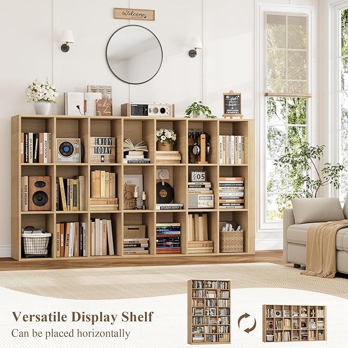 HOSTACK 86" H Triple Wide Bookshelf and Bookcase, 7 Tier Tall Bookshelf with Storage, Large Bookcase with 21 Open Display Storage Shelves, Book Shelf Media CD DVD Storage for Living Room, Light Wood