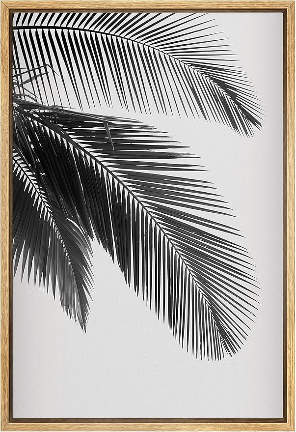 SIGNFORD Framed Canvas Print Wall Art Palm Leaf Trio Botanical Wilderness Photography Realism Minimalist Relax/Calm Duotone Black and White for Living Room, Bedroom, Office - 16"x24" Natural