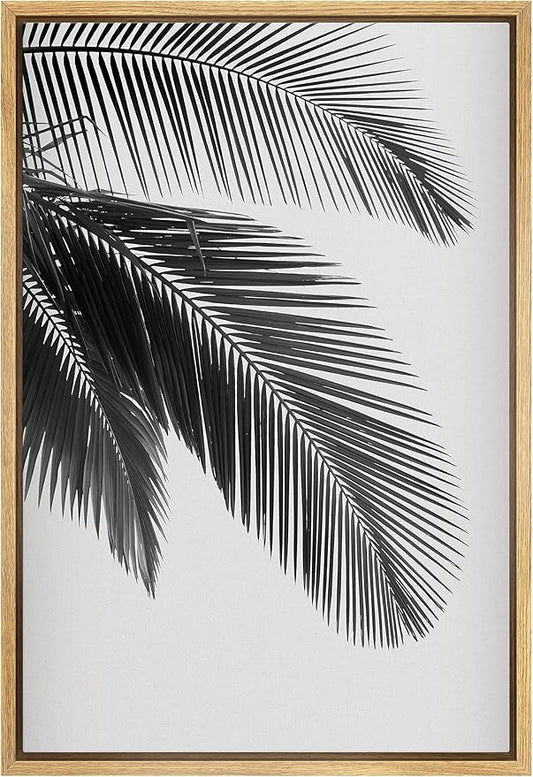 SIGNFORD Framed Canvas Print Wall Art Palm Leaf Trio Botanical Wilderness Photography Realism Minimalist Relax/Calm Duotone Black and White for Living Room, Bedroom, Office - 24"x36" Natural