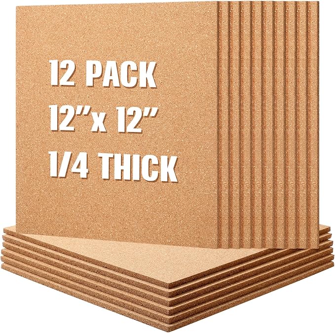 Crtiin 12 Pcs Square Cork Board Tiles 12"x12" 1/4" Thick Bulletin Boards Natural Cork Sheets with Self Adhesive Backing Brown Corkboards for Wall School Office Home DIY Supplies