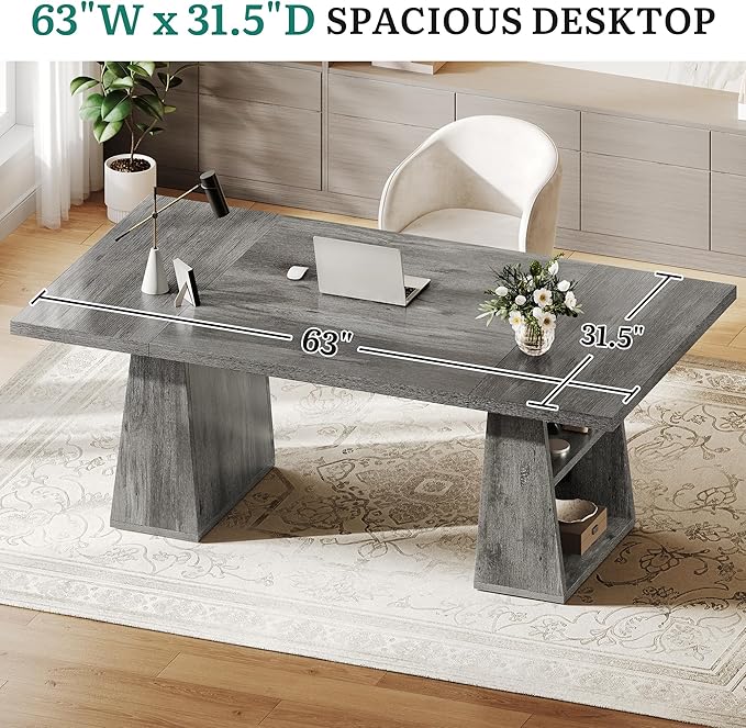 YITAHOME 63" Executive Desk, Large Office Desk Computer Desk with Double Pedestal and Storage Shelves, Wood Simple Workstations Writing Table Conference Table Business Furniture for Home Office, Grey