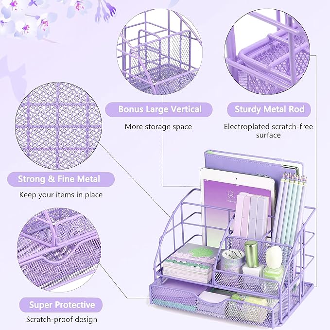 Purple Desk Organizers and Accessories, Purple Office Supplies with Mesh Desk Organizer, Acrylic Tape Dispenser and Stapler, Staples, Ballpoint Pen, Clips Set, Ruler, Scissor, Sticky Labels