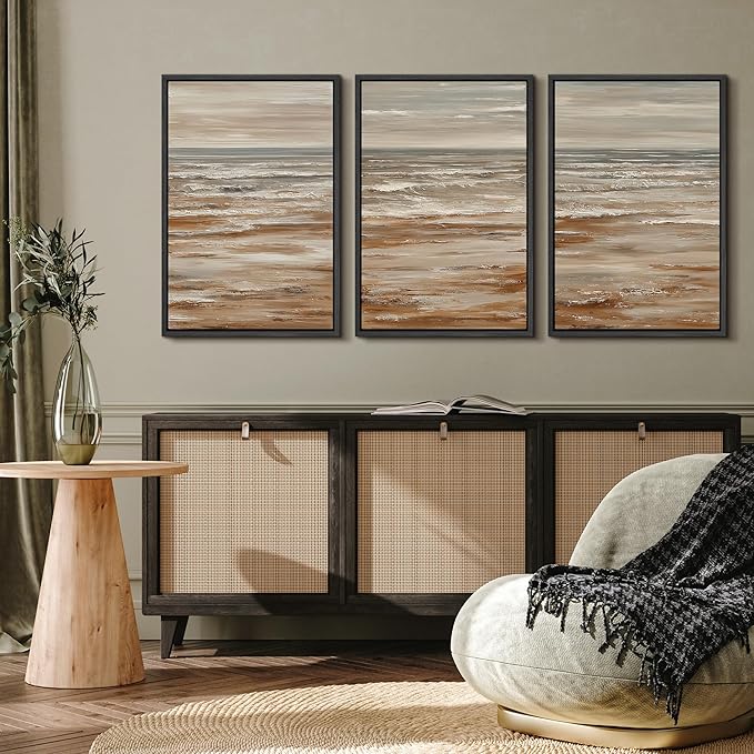 MUDECOR Framed Wall Art Print Set Neutral Coastal Seascape Minimalist Ocean Waves and Sandy Shore Illustrations Modern Art Boho Decorative for Living Room, Bedroom, Office - 24"x36"x3 BLACK