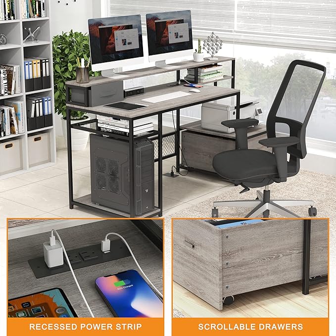 Home Office Desks with Drawers, 66'' Computer Desk with Storage, Office Desk with Monitor Stand, Work Desk with Outlets and USB, Gaming Table Desk with File Cabinet for Home Office Table, Grey