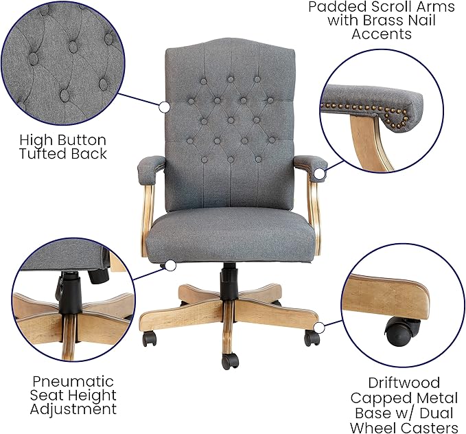 Flash Furniture Derrick Traditional Office Chair - Gray Fabric Tufted Swivel Office Chair - Home Office Desk Chair with Driftwood Base