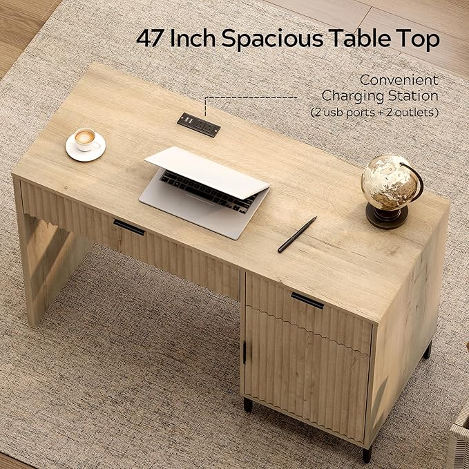 47" Home Office Desk with Fluted Drawers, Wood Exectuive Desk with Storage Cabinet, Charging Station, Metal Legs Modern Farmhouse Computer Desk for Work, Study Light Oak