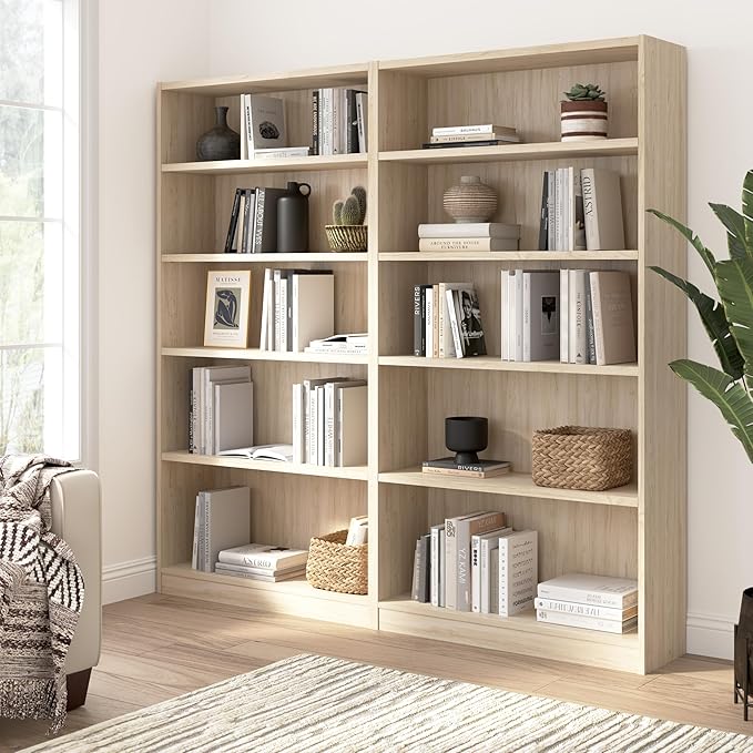 Bush Home Universal Tall 5 Shelf Bookcase in Natural Elm, Vertical Storage and Display Bookshelf for Home Office or Living Room Organization