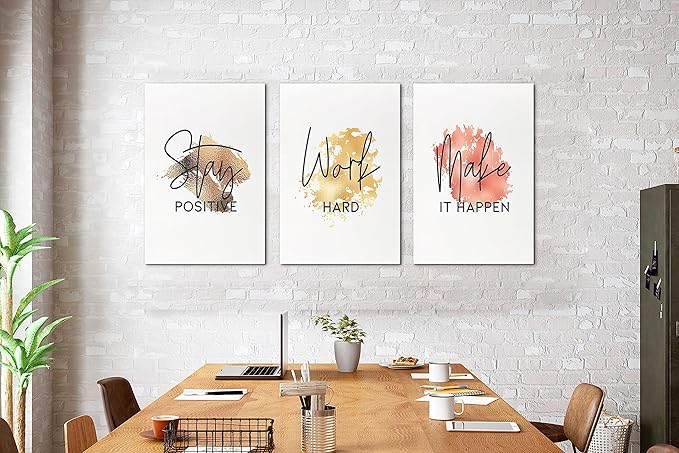 SHMAO Office Canvas Wall Art Motivational Wall Decor, 3 Piece Stay Work Make Print Pictures for Office Wall Decor Women Inspirational Framed Artwork Home Office Decor 16”x24”x3 Panels