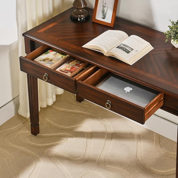 Computer Writing Desk with 2 Storage Drawers, 46"W French Provincial Corner Desk Table with Carved Legs, Solid Wood Large Vanity Dressing Desk, Home Office Table,Easy Assembly, Dark Cherry BSZ-D1258
