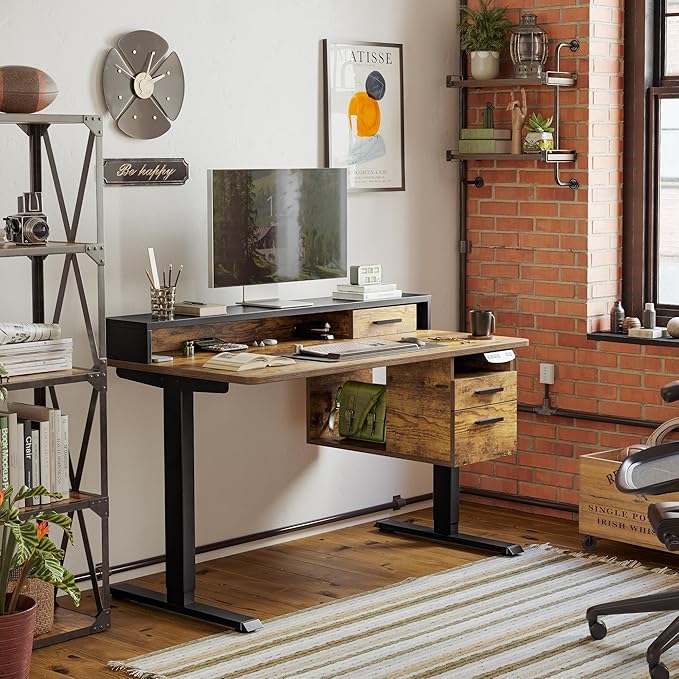 FEZIBO Standing Desk with Wood Drawers, 48" x 24" Electric Height Adjustable Table with Monitor Shelf, 3 Drawers and Open Storage, Computer Home Office Sit and Stand up Workstation, Rustic Brown