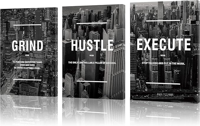 COSCTOR Set of 3 Motivational Wall Art Canvas for Office Workplace Garage Gym Living Room Bedroom Grind Hustle Execute Black and White Wall Decor Inspirational Quotes Posters for Paintings(Framed,12x16)