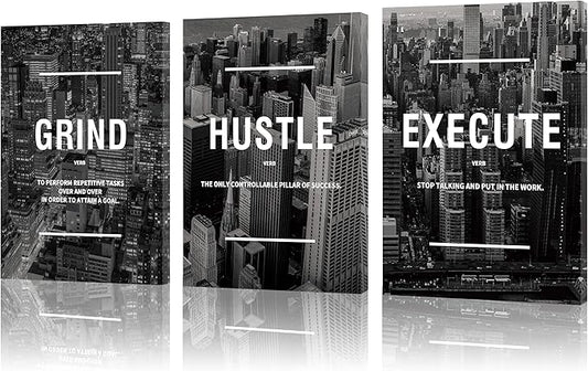 COSCTOR Set of 3 Motivational Wall Art Canvas for Office Workplace Garage Gym Living Room Bedroom Grind Hustle Execute Black and White Wall Decor Inspirational Quotes Posters for Paintings(Framed,12x16)