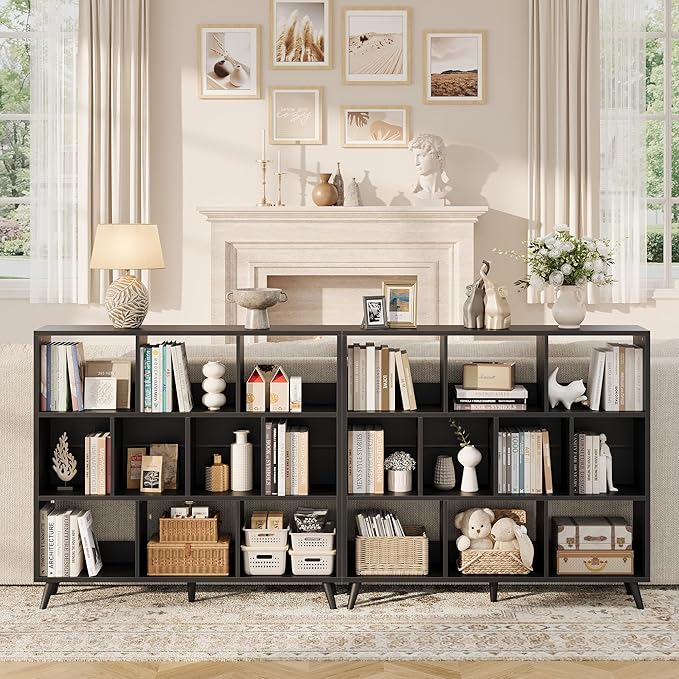 10 Cube Bookshelf, 3 Tier Wooden Book Shelf, Modern Black Short Bookcase with Solid Wood Legs, Small Book Cases Vintage Wide Storage Organizer with Open Shelf for Kids, Small Spaces, Bedroom, Office