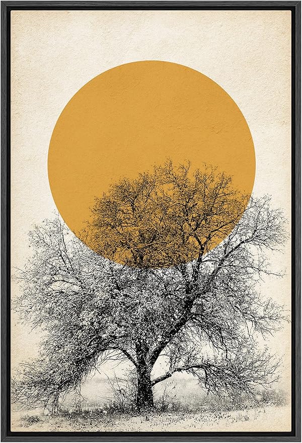 SIGNFORD Framed Canvas Print Wall Art Tree with Branches Under Shining Sun Abstract Wilderness Digital Art Modern Art Rustic Scenic for Living Room, Bedroom, Office - 24"x36" Black
