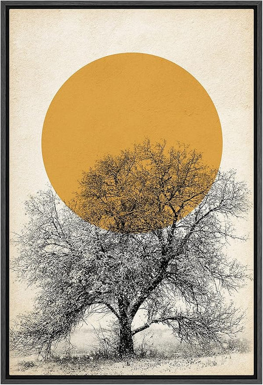 SIGNFORD Framed Canvas Print Wall Art Tree with Branches Under Shining Sun Abstract Wilderness Digital Art Modern Art Rustic Scenic for Living Room, Bedroom, Office - 24"x36" Black