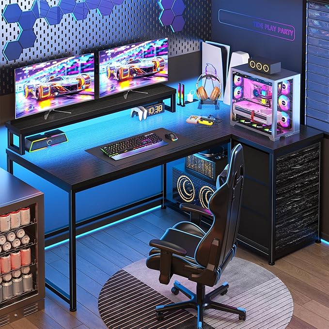 EnHomee L Shaped Gaming Desk with LED Lights & Power Outlet, 48Inch Reversible Office Desk with Monitor Stand Corner Computer Desk with 3 Drawers for Gaming,Study Room,Home Office,Bedroom,Black