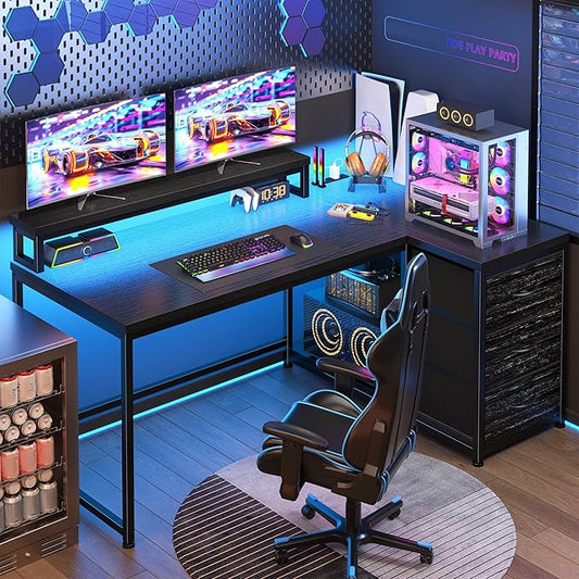 EnHomee L Shaped Gaming Desk with LED Lights & Power Outlet, 48Inch Reversible Office Desk with Monitor Stand Corner Computer Desk with 3 Drawers for Gaming,Study Room,Home Office,Bedroom,Black