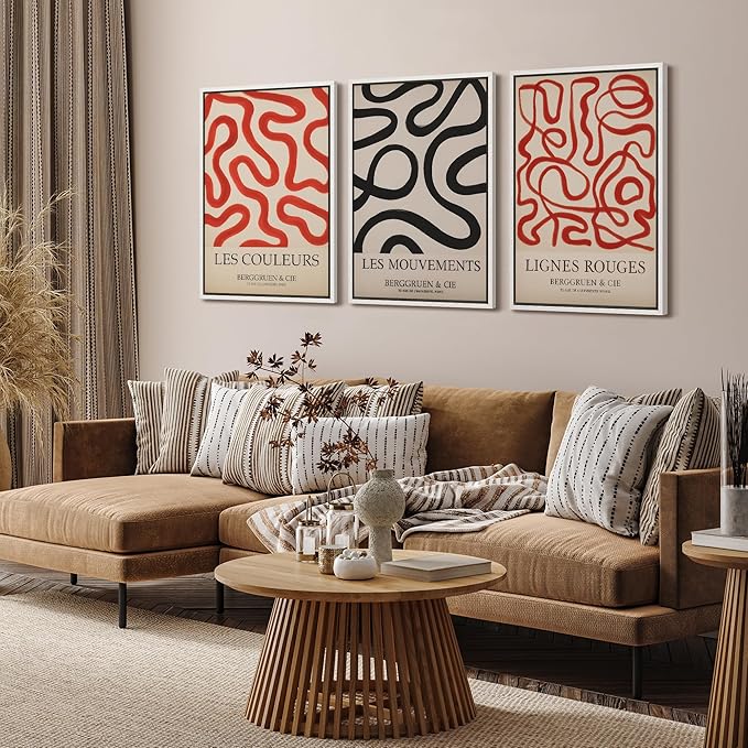 SIGNFORD Framed Wall Art Print Set French Modern Abstract Line Red and Black Curved Shapes Digital Art Modern Art Contemporary for Living Room, Bedroom, Office - 24"x36"x3 WHITE