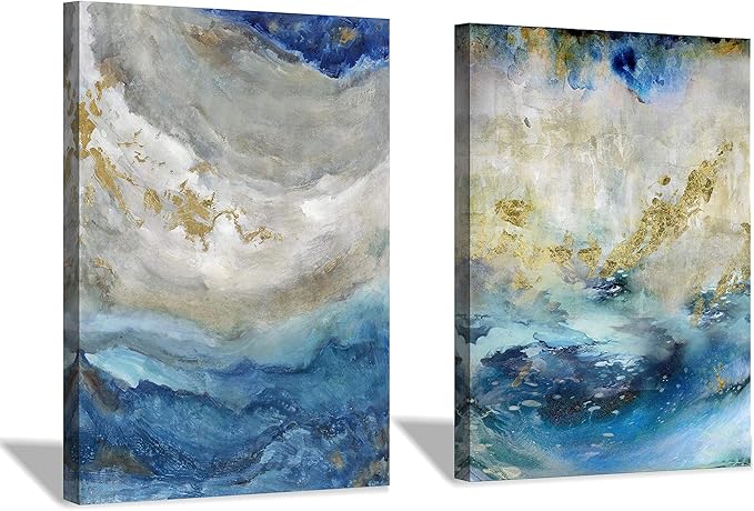 Hardy Gallery Blue Abstract Canvas Wall Art: Beige Print Picture Artwork for Bathroom without hand painted gold foils for Small Size(16'' x 12'' x 2 Panels)