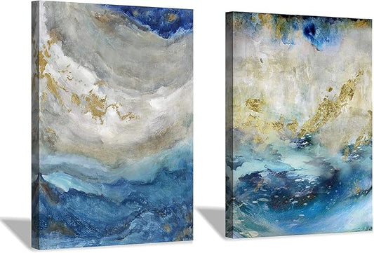 Hardy Gallery Blue Abstract Canvas Wall Art: Beige Print Picture Artwork for Bathroom without hand painted gold foils for Small Size(16'' x 12'' x 2 Panels)