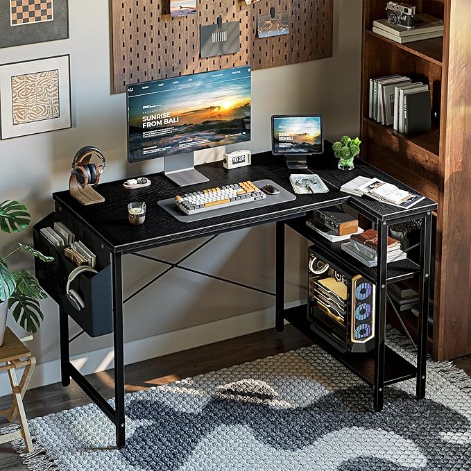 Grandder L Shaped Computer Desk with Reversible Shelves, 40 Inch Small Corner Desk with Storage Bag, Gaming Desk Computer Table Study Writing Table for Home Office Bedroom Small Space, Black