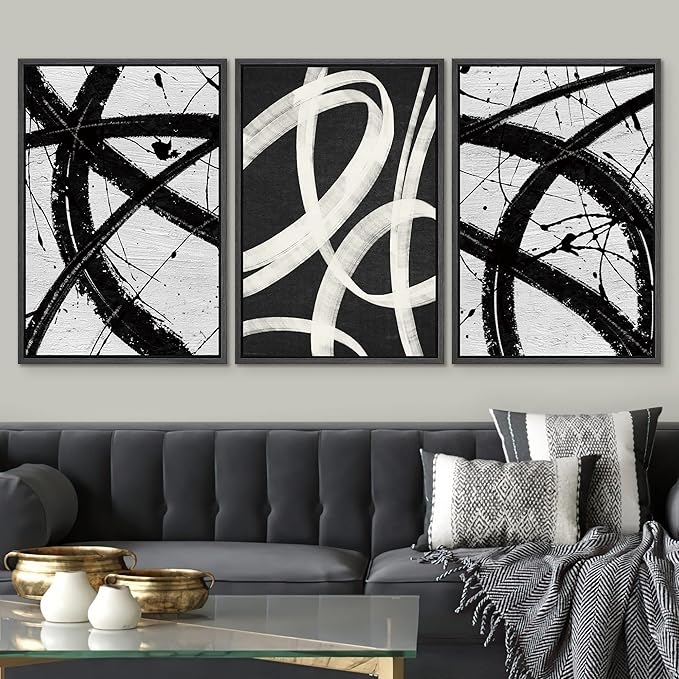 SIGNWIN Framed Canvas Print Wall Art Set Geometric Duotone Ring Landscape Graffiti & Street Art Abstract Illustrations Modern Art Decorative Nordic for Living Room, Bedroom, Office - 24"x36"x3 Black