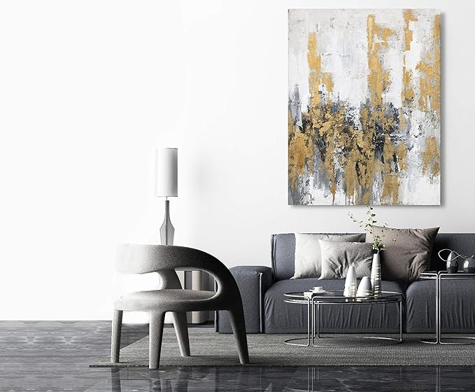 Yihui Arts Modern Abstract Skyline Canvas Wall Artwork with Gold Foil Hand Painted Art Painting Pictures for Living Room Bathroom Home Decoration