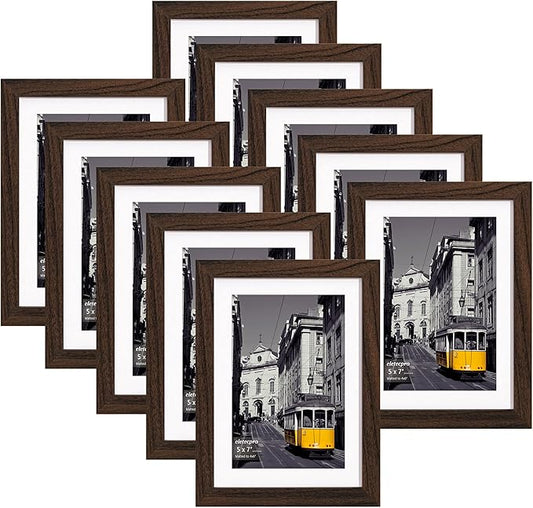 eletecpro 5x7 Picture Frames Set of 10, Picture Frame Collage Wall Decor Displays 4x6 Photo With Mat or 5x7 without Mat, Home Decor Gallery Frame for Table Top or Wall Mounting, Walnut Brown