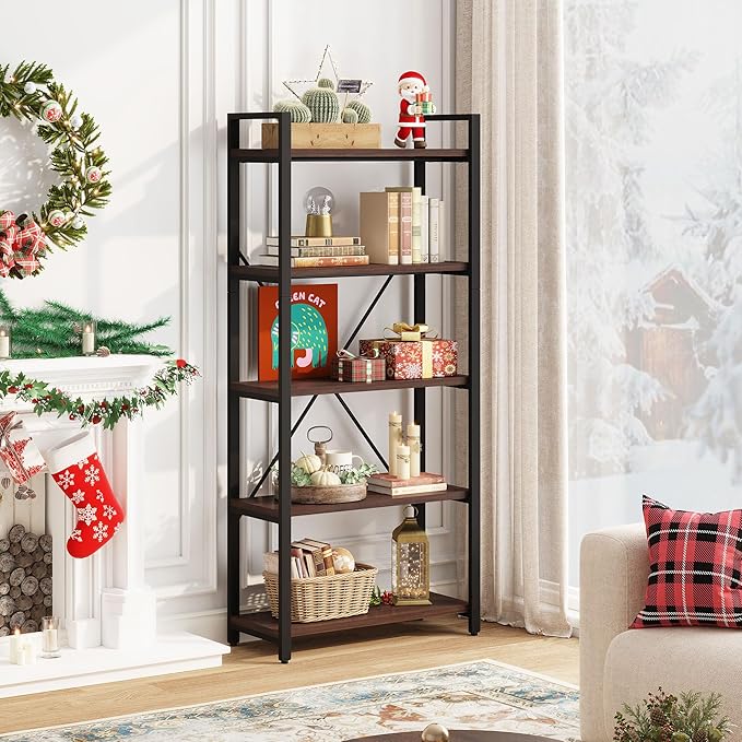 FATORRI 5 Tier Industrial Bookshelf, Rustic Etagere Bookcase for Display, Vintage Shelving Unit Wood and Metal Tall Book Shelves for Home Office (Walnut Brown)