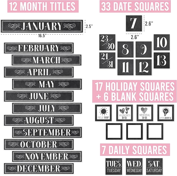 Hadley Designs Classroom Calendar Set Bulletin Board Decorations - Black White School Calendar for Classroom Decor, Kindergarten Preschool Elementary Teacher Must Haves, Homeschool Daycare Essentials