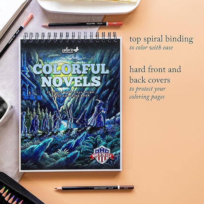 ColorIt Colorful Novels Adult Coloring Book to Relieve Stress, 50 Original Drawings from Classic Books, Spiral Binding, Perforated Pages, USA Printed, Lay Flat Hardback Book Cover, Ink Blotter Paper