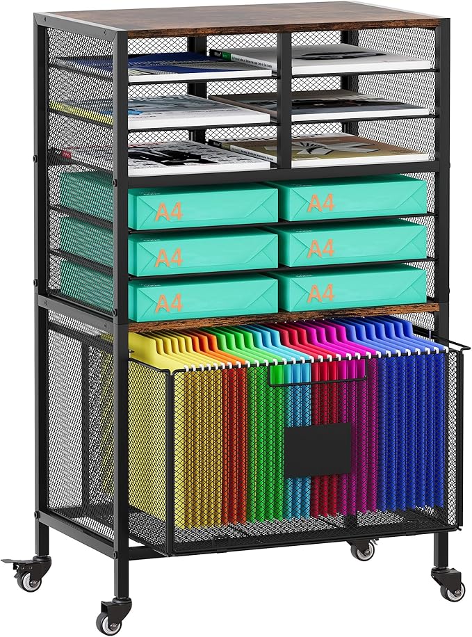 9 Slots Lateral File Cabinet with Drawer, Mobile Filling Cabinet with Open Storage Shelves, Hanging File Folder For Letter Size Folders, Metal Bookshelf Organizer Cart for Office Home, Black