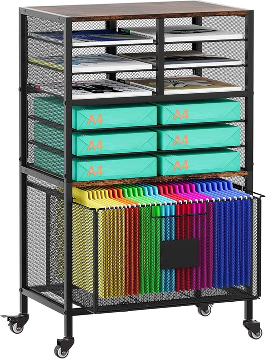 9 Slots Lateral File Cabinet with Drawer, Mobile Filling Cabinet with Open Storage Shelves, Hanging File Folder For Letter Size Folders, Metal Bookshelf Organizer Cart for Office Home, Black