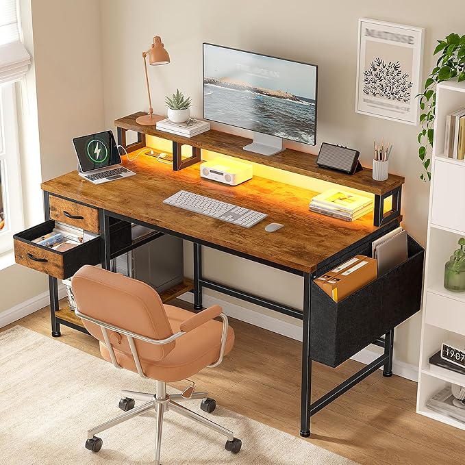 40" Computer Desk with LED Strip, Gaming Desk with Drawers & Storage Bag, Office Desk with Power Outlets & Monitor Stand, Home Office Desks for Bedroom, Gaming Room, Rustic Brown