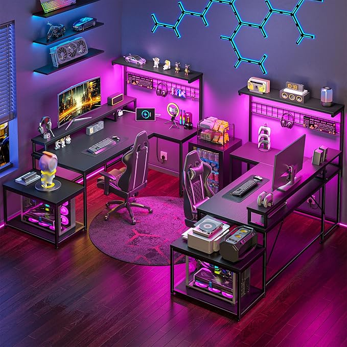 63.5" L Shaped Gaming Desk with LED Lights & Power Outlets, Computer Desk with Shelves & Hooks & Monitor Stand and Printer Space for Home Office, Corner Desk of Study Room, Bedroom, Black